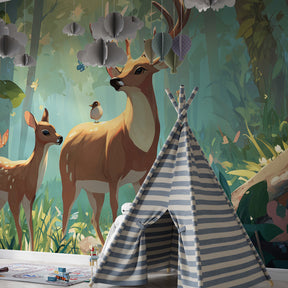Woodland deer mural wallpaper creating magical atmosphere in kids bedroom interior