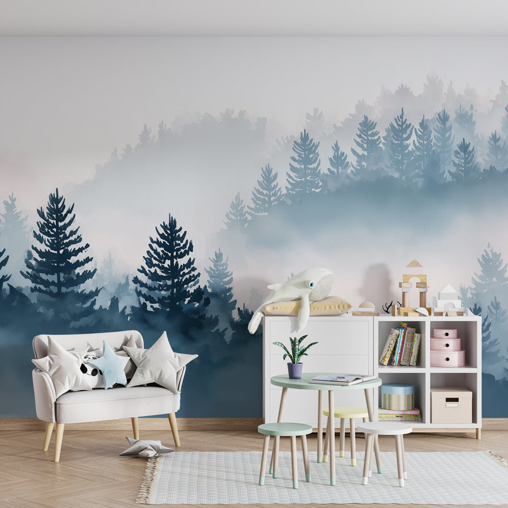 Blue woodland deer mural wallpaper creating magical children's bedroom atmosphere