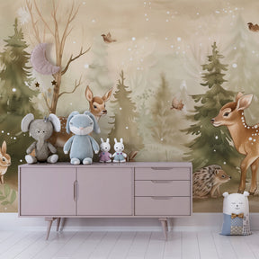 Colorful forest wallpaper creating magical children's bedroom with fauns and trees