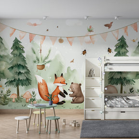 Forest animals mural wallpaper with festive garlands in modern kids bedroom interior