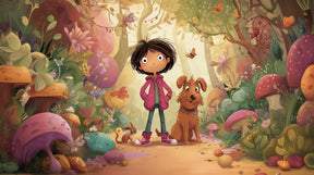 Detailed enchanted forest mural wallpaper design pattern featuring child and dog adventure by Kids-Mundo