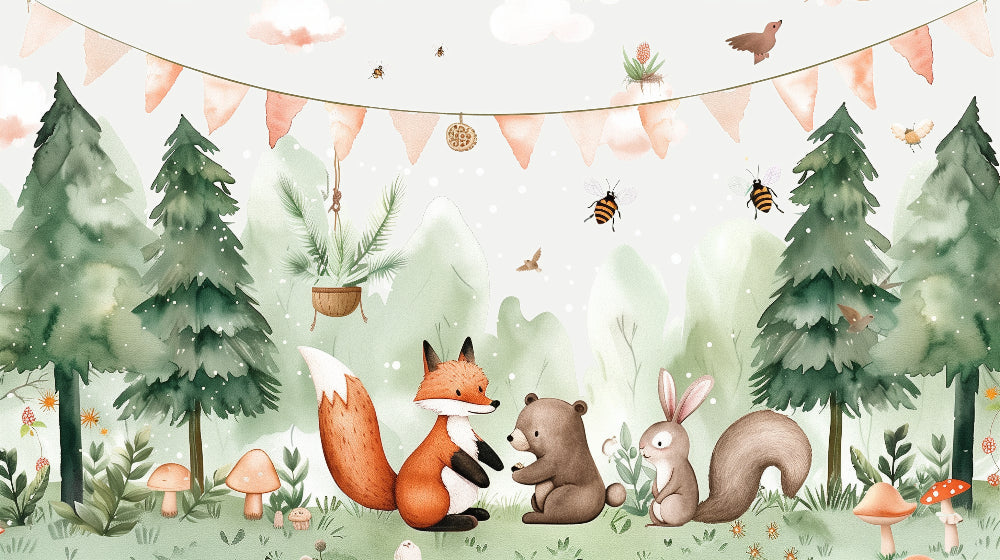 Detailed enchanted forest mural wallpaper design pattern with animals and garlands by Kids-Mundo