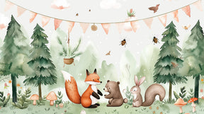 Detailed enchanted forest mural wallpaper design pattern with animals and garlands by Kids-Mundo