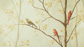 Detailed enchanted forest mural wallpaper design pattern with colorful birds by Kids-Mundo