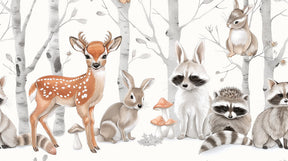Detailed enchanted forest mural wallpaper design pattern with deer and raccoons by Kids-Mundo