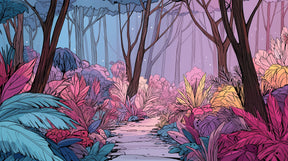 Detailed enchanted forest mural wallpaper design pattern with vibrant trees by Kids-Mundo