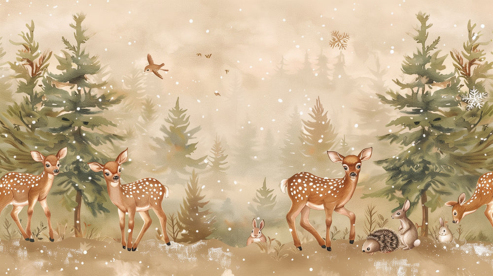 Detailed enchanted forest mural wallpaper design pattern with fawns and snow by Kids-Mundo