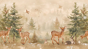 Detailed enchanted forest mural wallpaper design pattern with fawns and snow by Kids-Mundo