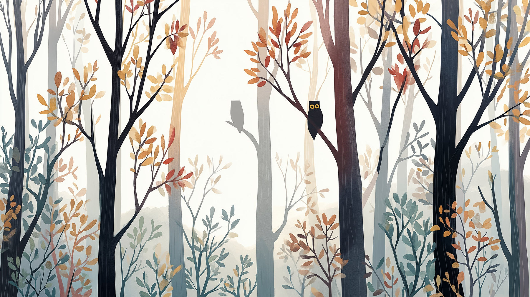 Detailed enchanted forest mural wallpaper design pattern with owls and autumn foliage by Kids-Mundo