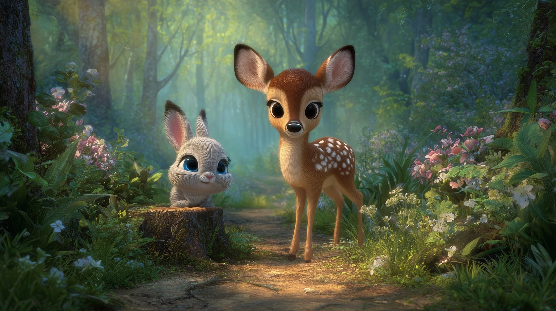Detailed enchanted forest mural wallpaper design pattern with fawn and rabbit by Kids-Mundo