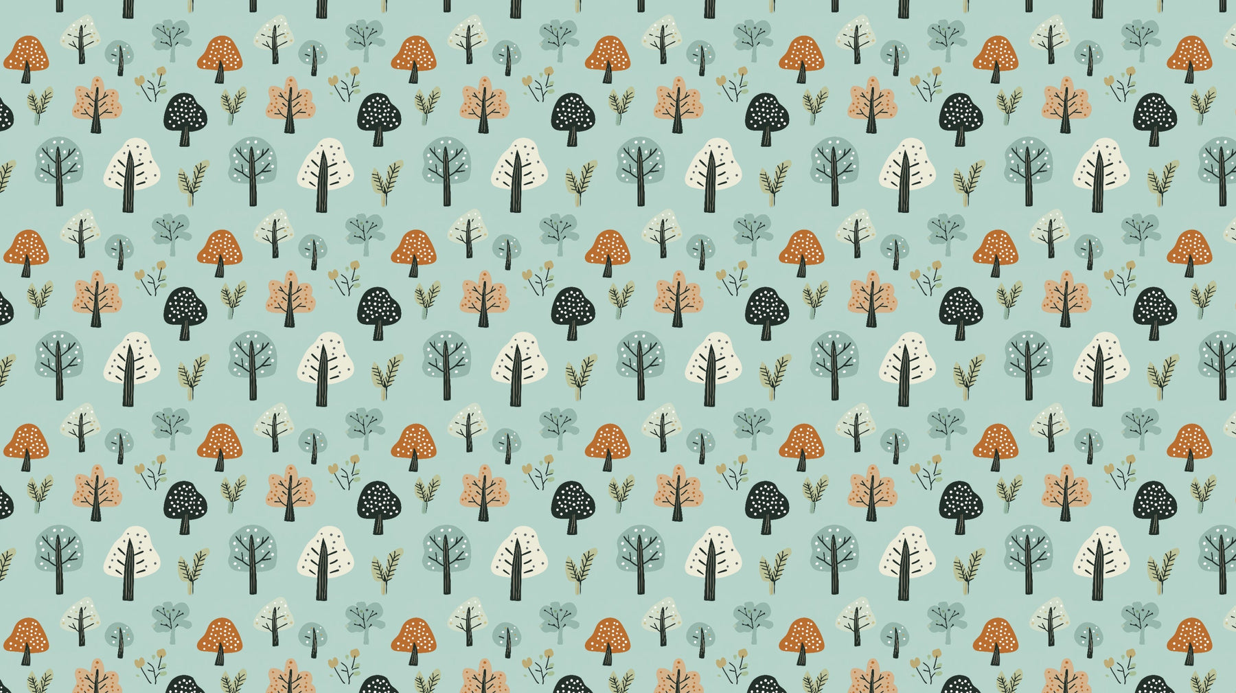 Detailed enchanted forest mural wallpaper design pattern with trees and mushrooms by Kids-Mundo