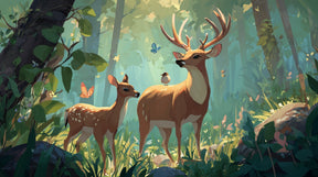 Detailed enchanted forest mural wallpaper design pattern with majestic deer by Kids-Mundo