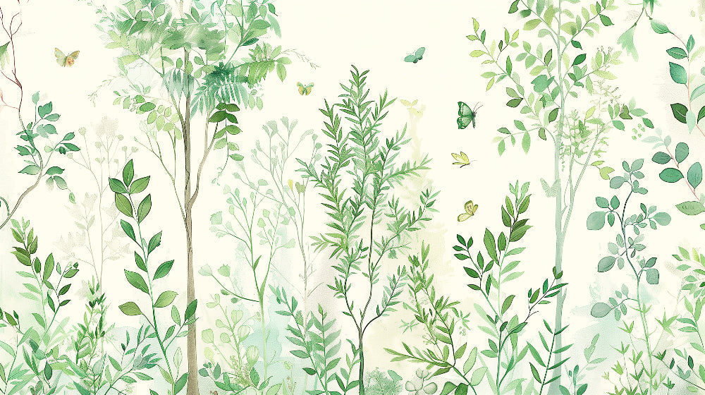 Detailed enchanted forest mural wallpaper design pattern with green butterflies and trees by Kids-Mundo