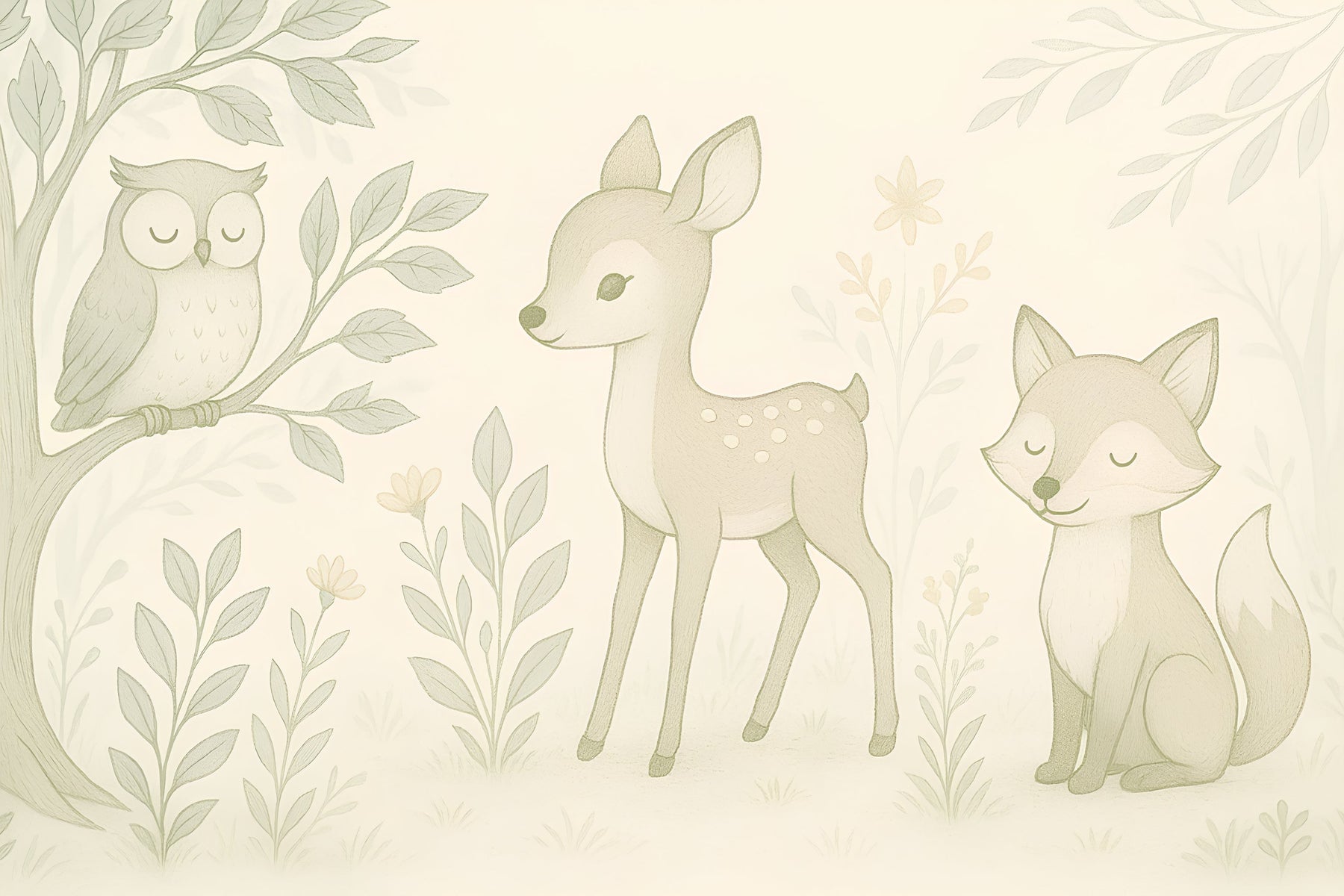 Detailed enchanted forest mural wallpaper design pattern with cute woodland animals by Kids-Mundo