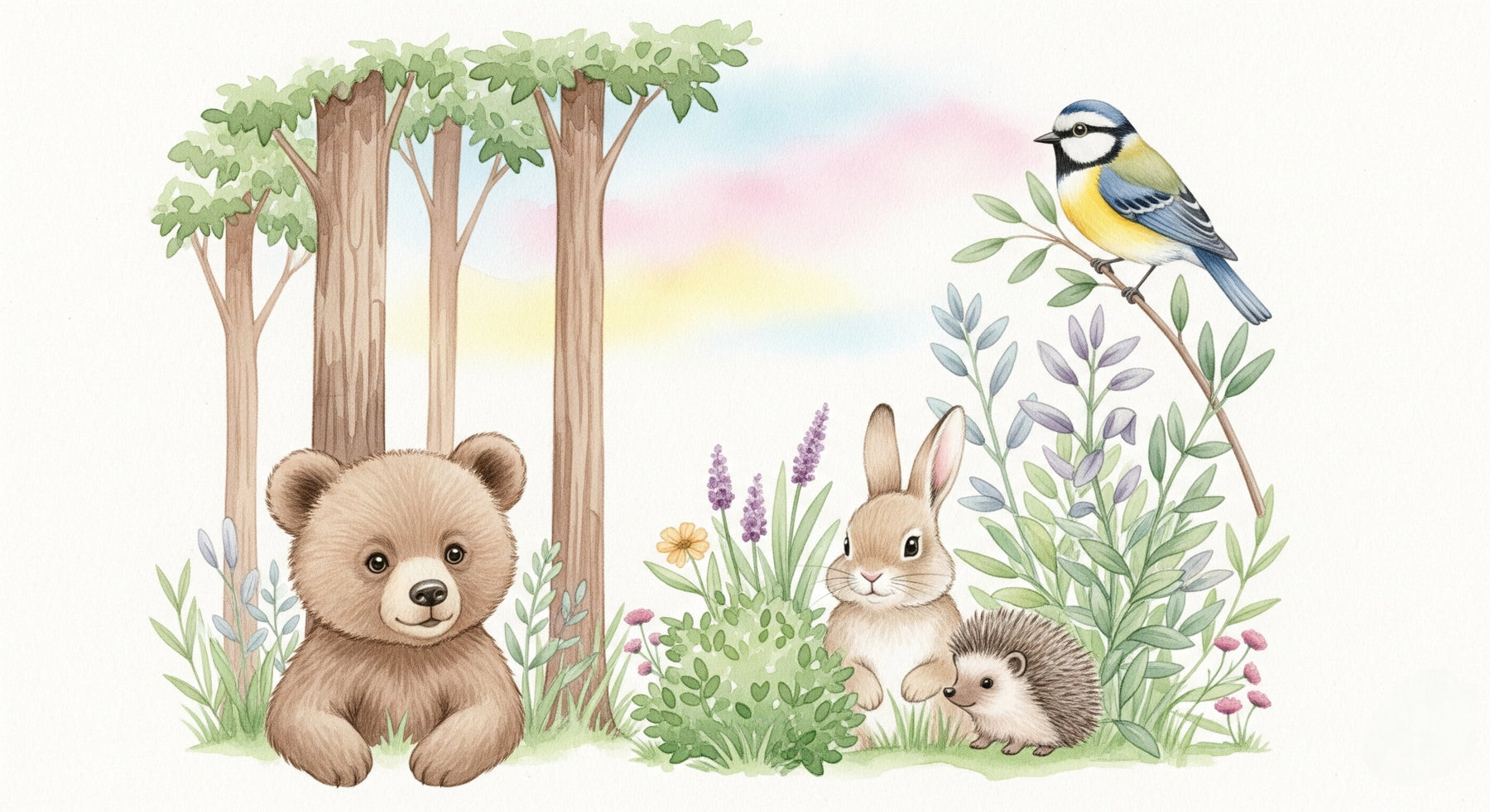 Detailed enchanted forest mural wallpaper design pattern with bear rabbit hedgehog by Kids-Mundo