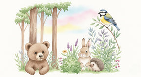 Detailed enchanted forest mural wallpaper design pattern with bear rabbit hedgehog by Kids-Mundo