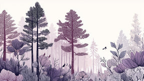 Detailed enchanted forest mural wallpaper design pattern with purple trees and flying birds by Kids-Mundo