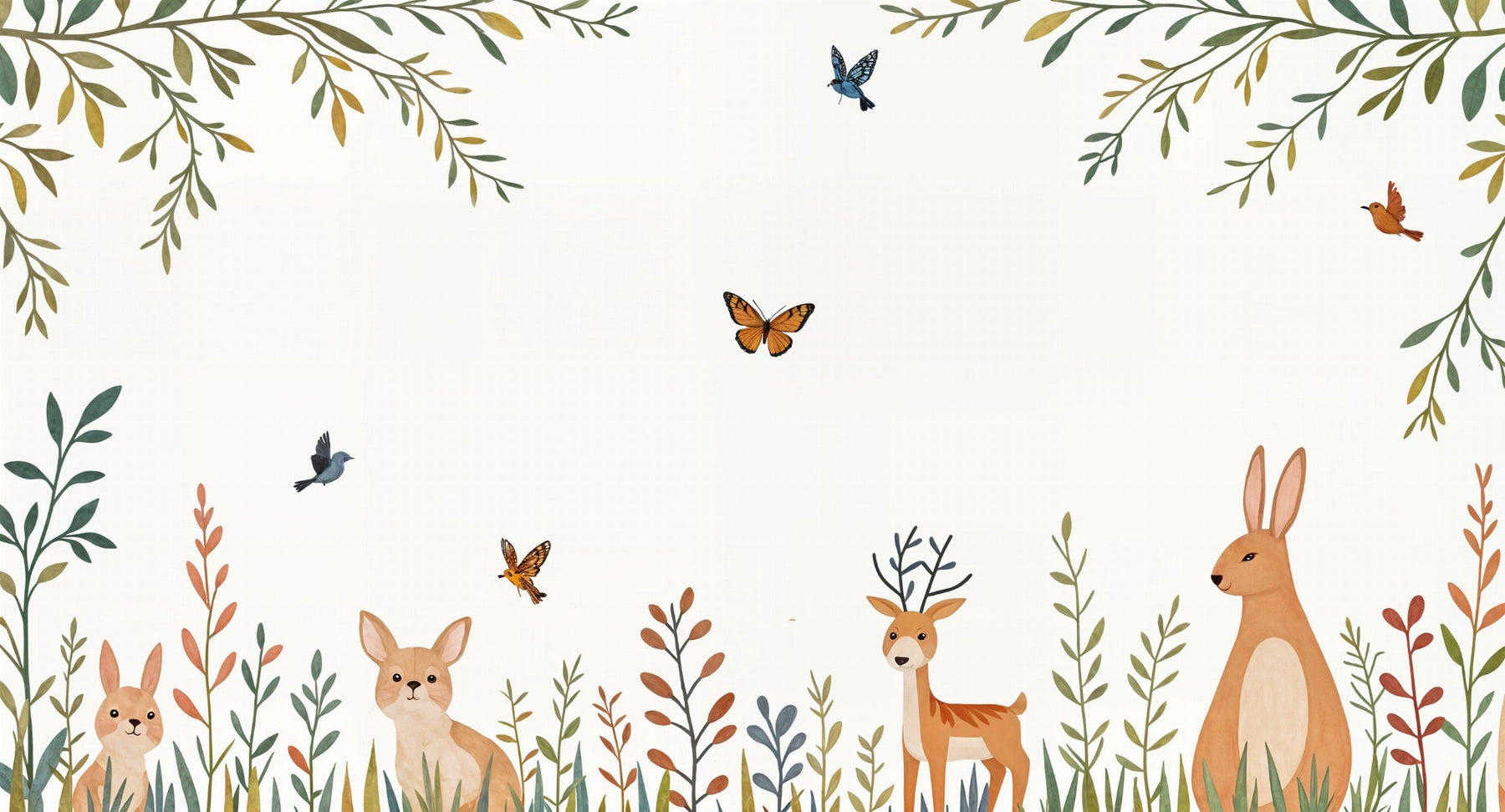 Detailed enchanted forest mural wallpaper design pattern with rabbits fawn and birds by Kids-Mundo