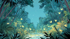 Detailed enchanted forest mural wallpaper design pattern with fireflies and lush foliage by Kids-Mundo