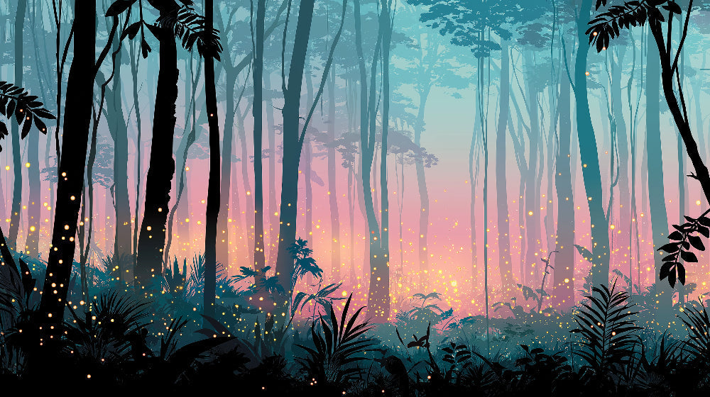 Detailed enchanted forest mural wallpaper design pattern with sparkling lights by Kids-Mundo