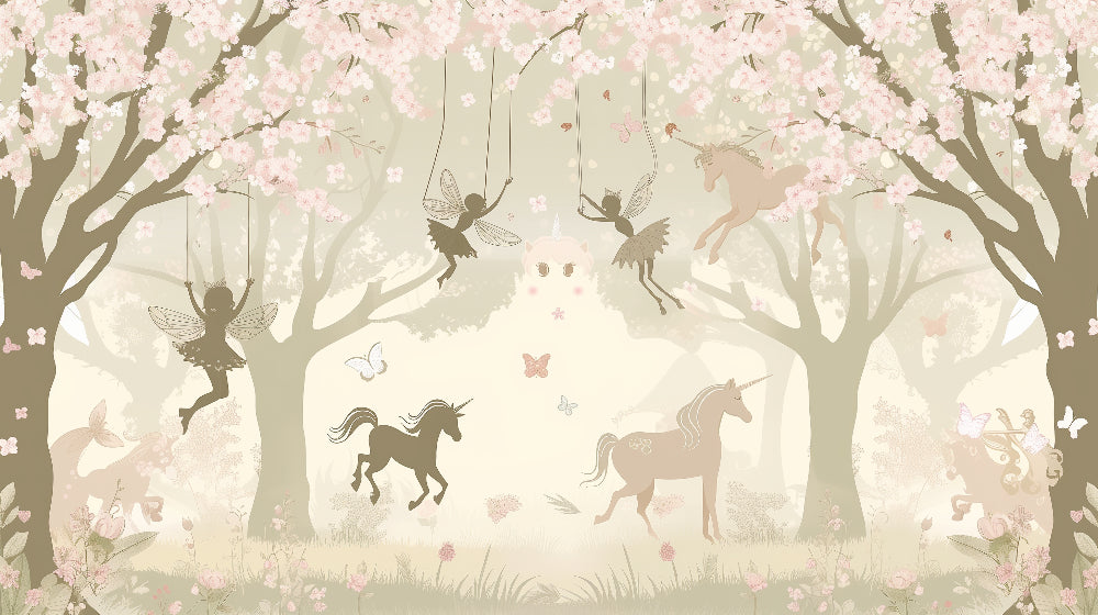Detailed enchanted forest mural wallpaper design pattern with unicorns and fairies by Kids-Mundo
