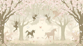Detailed enchanted forest mural wallpaper design pattern with unicorns and fairies by Kids-Mundo