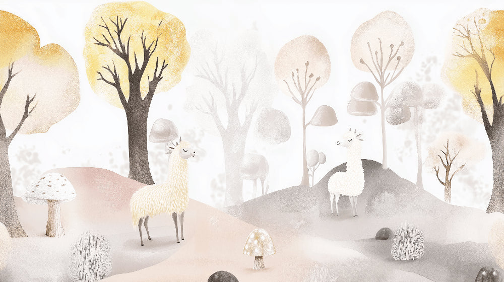 Detailed enchanted forest mural wallpaper design pattern with llamas and pastel mushrooms by Kids-Mundo