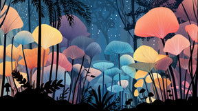 Detailed enchanted forest mural wallpaper design pattern with colorful mushrooms by Kids-Mundo