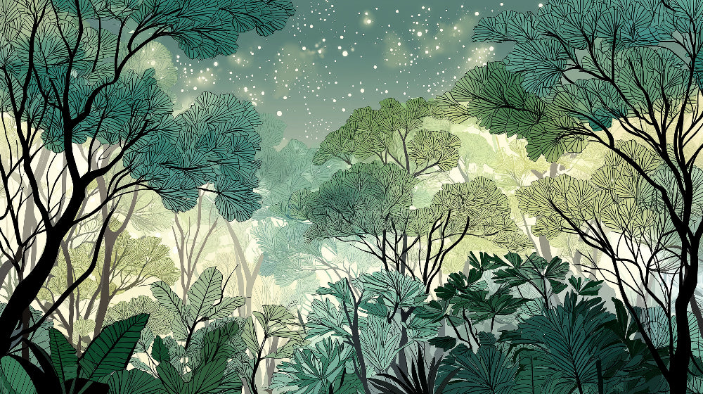Detailed enchanted forest mural wallpaper design pattern with starlit trees by Kids-Mundo