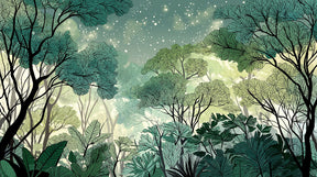 Detailed enchanted forest mural wallpaper design pattern with starlit trees by Kids-Mundo