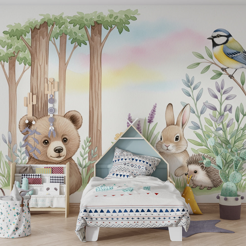 Cute animal forest wallpaper creating magical atmosphere in children's bedroom decor