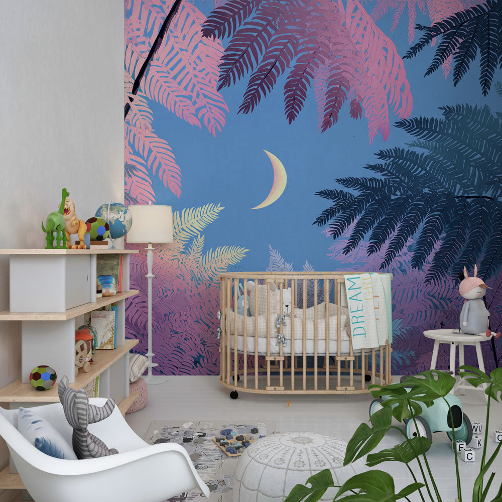 Moonlit forest wallpaper transforming children's bedroom into peaceful woodland sanctuary