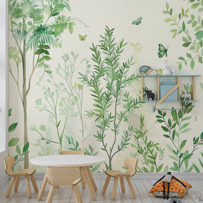 Green butterfly forest wallpaper transforming toddler room into nature sanctuary by Kids-Mundo