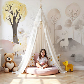 Enchanted forest mural wallpaper with llamas and mushrooms in cozy kids nursery by Kids-Mundo