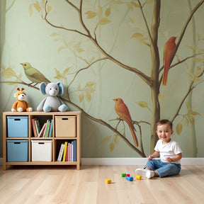 Enchanted forest mural wallpaper with colorful birds in modern nursery by Kids-Mundo