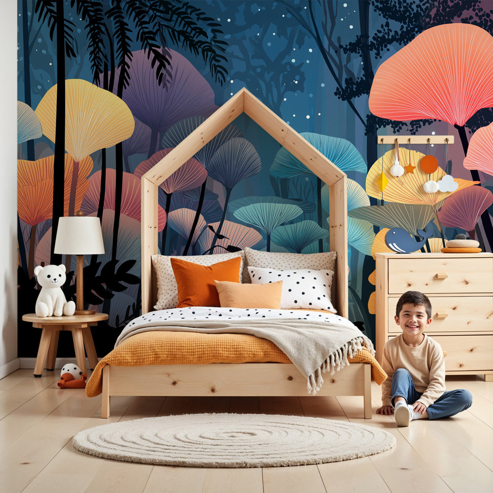 Enchanted forest mural wallpaper with colorful mushrooms in modern nursery by Kids-Mundo