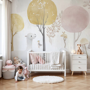 Enchanted forest mural wallpaper with llamas and pastel mushrooms in modern nursery by Kids-Mundo