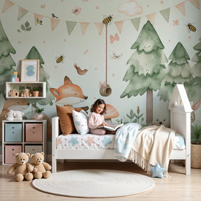 Enchanted forest mural wallpaper with pastel animals creating magical nursery decor by Kids-Mundo