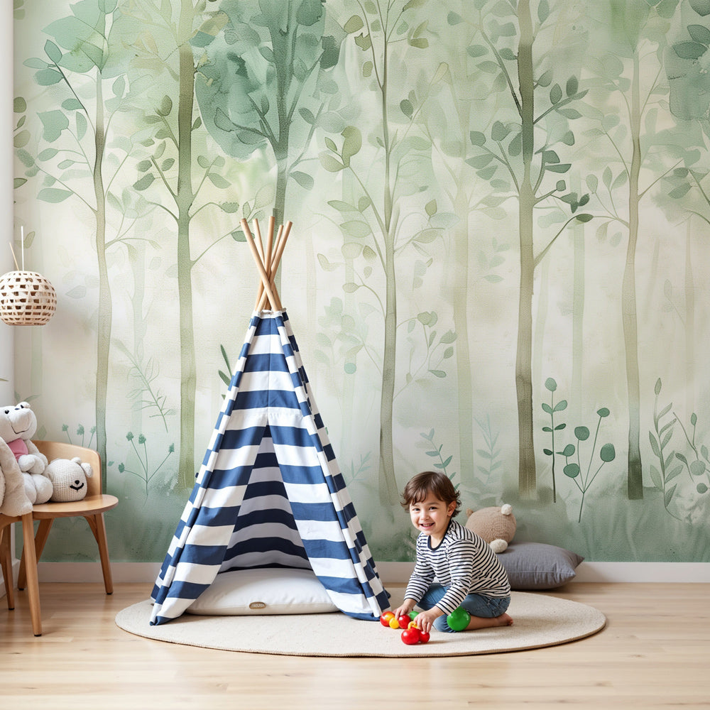 Enchanted forest mural wallpaper creating magical nursery atmosphere with pastel trees by Kids-Mundo