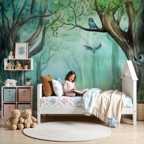 Enchanted forest mural wallpaper with smiling trees in modern nursery by Kids-Mundo