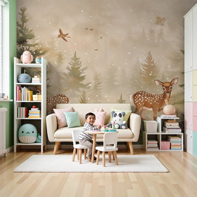 Enchanted forest mural wallpaper with fawns in cozy nursery setting by Kids-Mundo