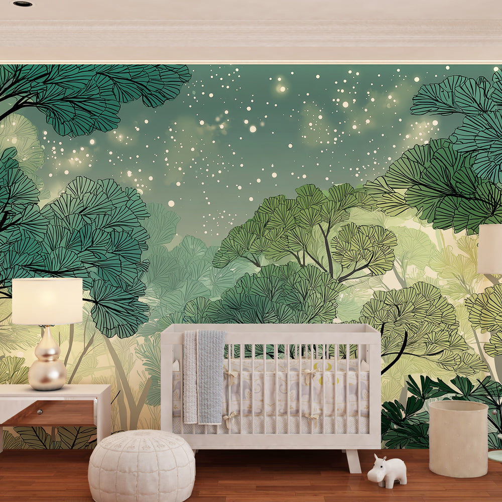 Starlit forest wallpaper transforming nursery into peaceful woodland sanctuary with green tones