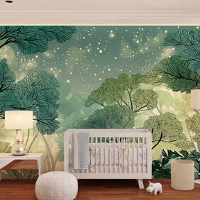Starlit forest wallpaper transforming nursery into peaceful woodland sanctuary with green tones