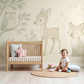 Enchanted forest mural wallpaper with cute animals creating serene nursery atmosphere by Kids-Mundo