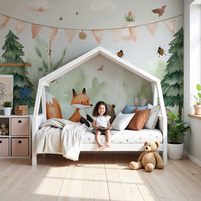 Enchanted forest mural wallpaper with woodland animals creating magical nursery decor by Kids-Mundo