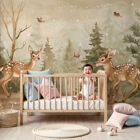 Enchanted forest mural wallpaper with woodland animals in modern nursery by Kids-Mundo