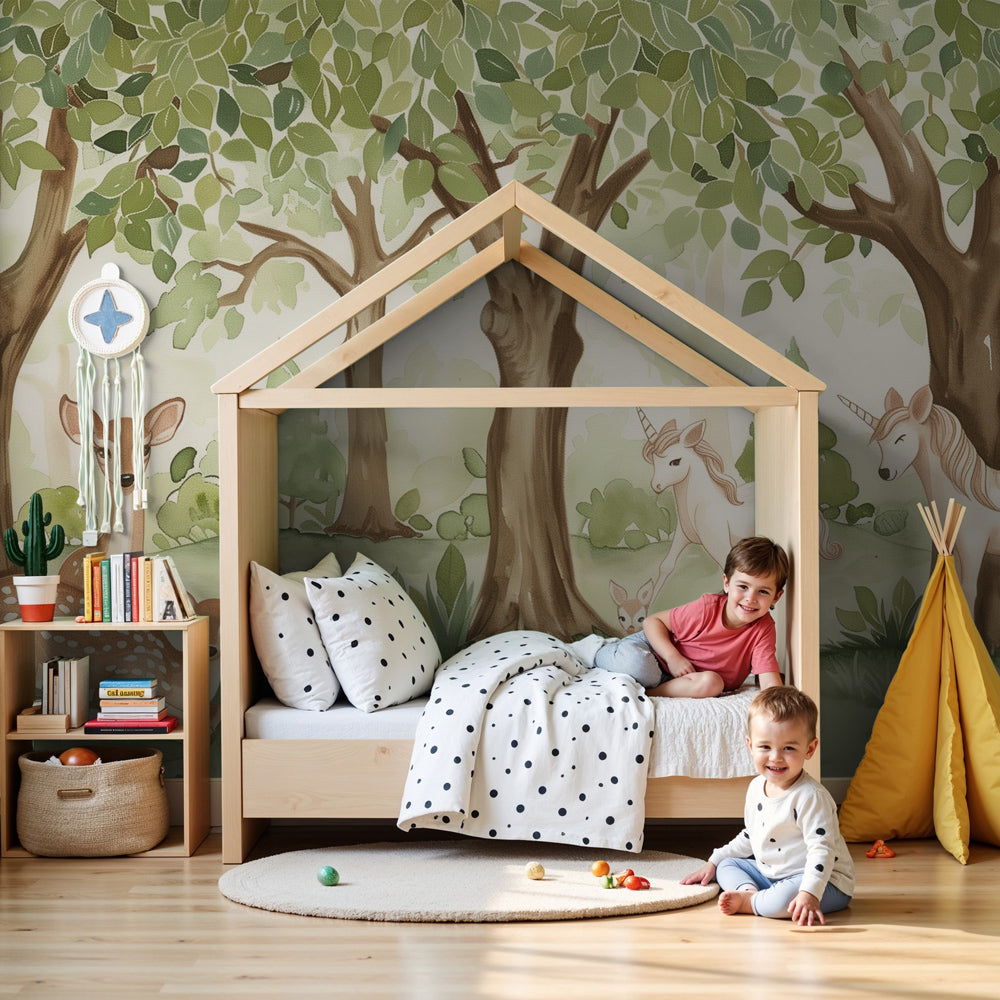 Enchanted forest mural wallpaper with deer and unicorns in modern nursery by Kids-Mundo