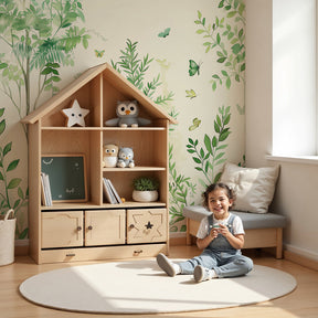 Enchanted forest mural wallpaper with green butterflies in modern nursery by Kids-Mundo