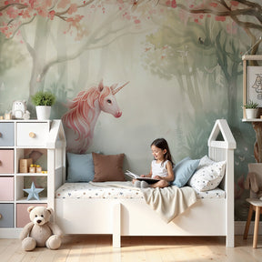 Enchanted forest mural wallpaper with unicorns creating magical nursery decor by Kids-Mundo