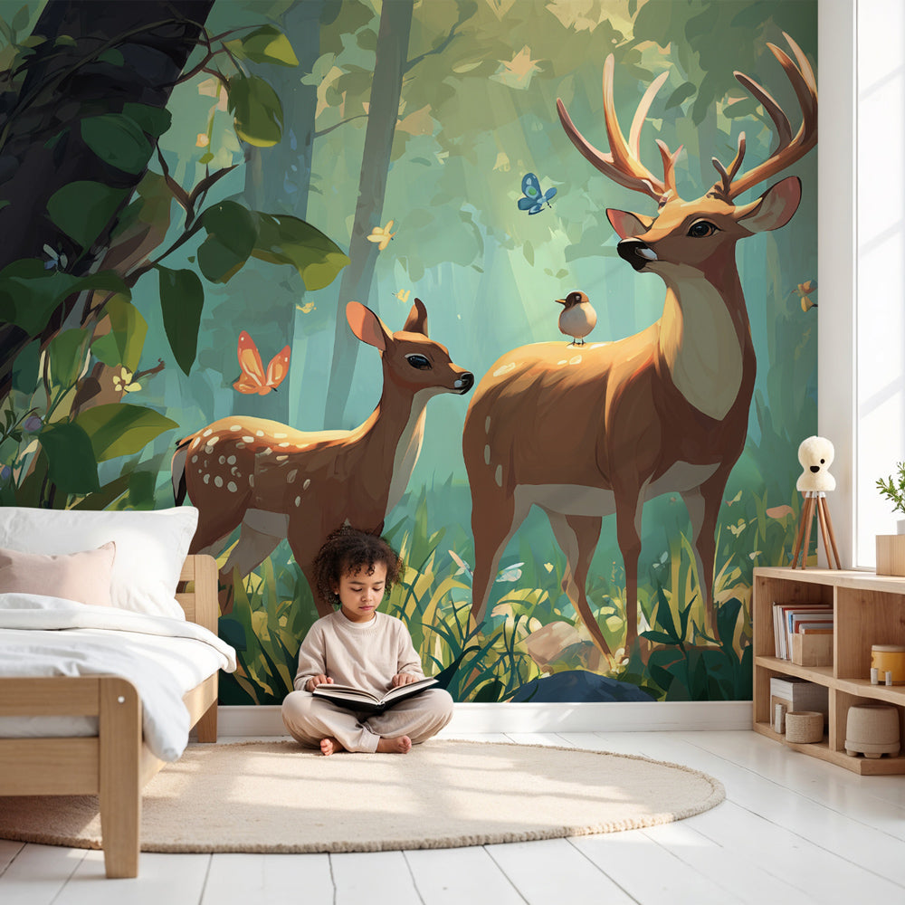 Enchanted forest mural wallpaper with majestic deer in peaceful children's nursery by Kids-Mundo